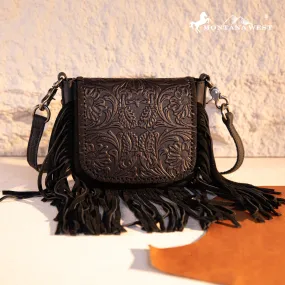 RLC-L187 Montana West Genuine Leather Tooled Fringe Crossbody - Black