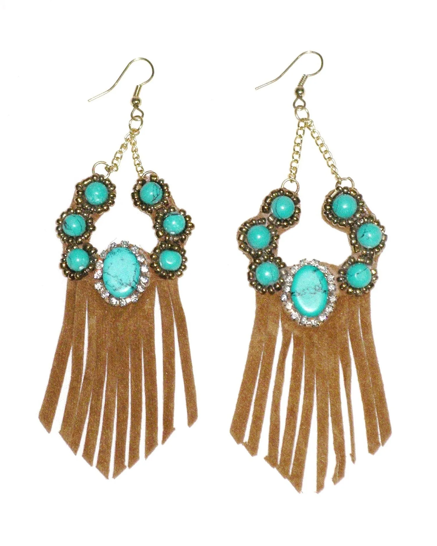 SALE 50% OFF Turquoise Suede Fringe Earrings Tan Vegan Leather And Stone Dangling On Gold Chains Boho Festival Jewelry Tribal Western Southwestern Squash Blossom