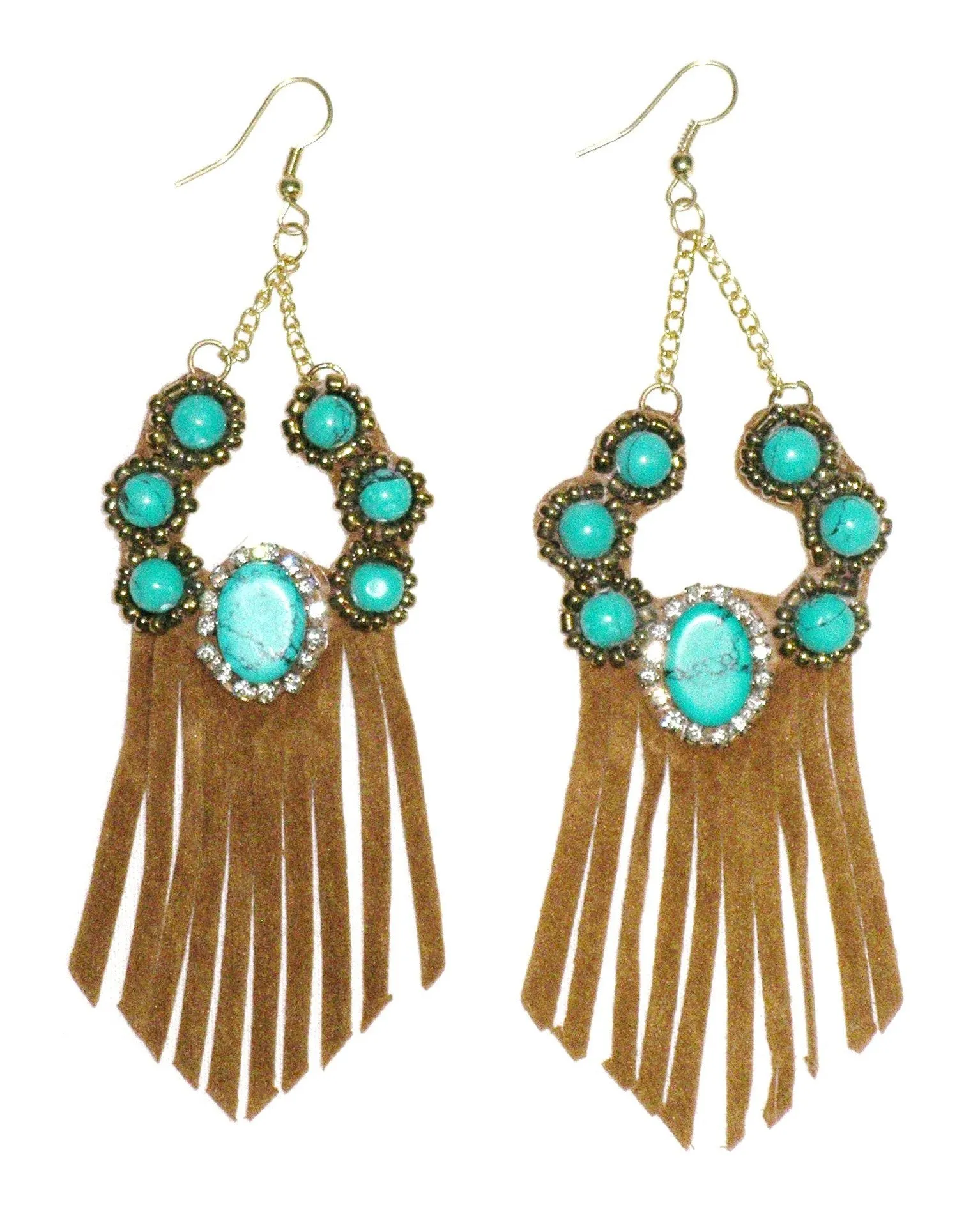 SALE 50% OFF Turquoise Suede Fringe Earrings Tan Vegan Leather And Stone Dangling On Gold Chains Boho Festival Jewelry Tribal Western Southwestern Squash Blossom