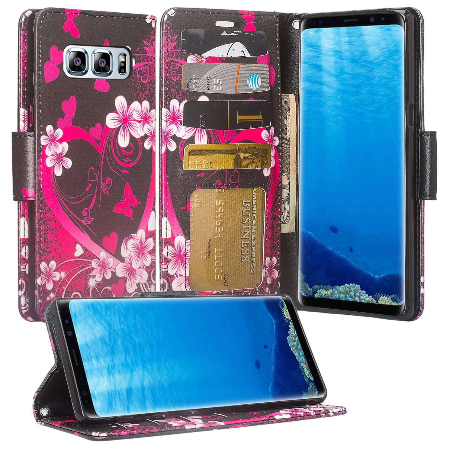 Samsung Galaxy Note 8 Case, Galaxy Note 8 Wallet Case, Slim Flip Folio [Kickstand] Pu Leather Wallet Case with ID & Card Slots & Pocket   Wrist Strap - Heart Butterflies