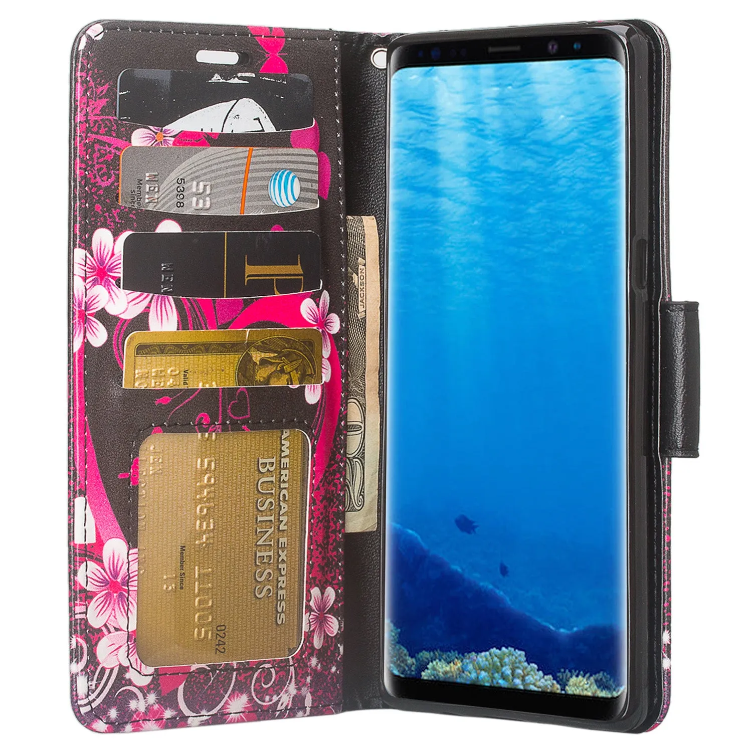 Samsung Galaxy Note 8 Case, Galaxy Note 8 Wallet Case, Slim Flip Folio [Kickstand] Pu Leather Wallet Case with ID & Card Slots & Pocket   Wrist Strap - Heart Butterflies