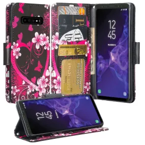 Samsung Galaxy S10 Plus Case, Galaxy S10  Wallet Case, Wrist Strap Pu Leather Wallet Case [Kickstand] with ID & Credit Card Slots - Heart Butterflies