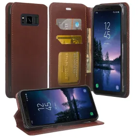 Samsung Galaxy S8 Active Wallet Case, Slim Flip Folio [Kickstand] Pu Leather Wallet Case with ID & Card Slots & Pocket - Brown