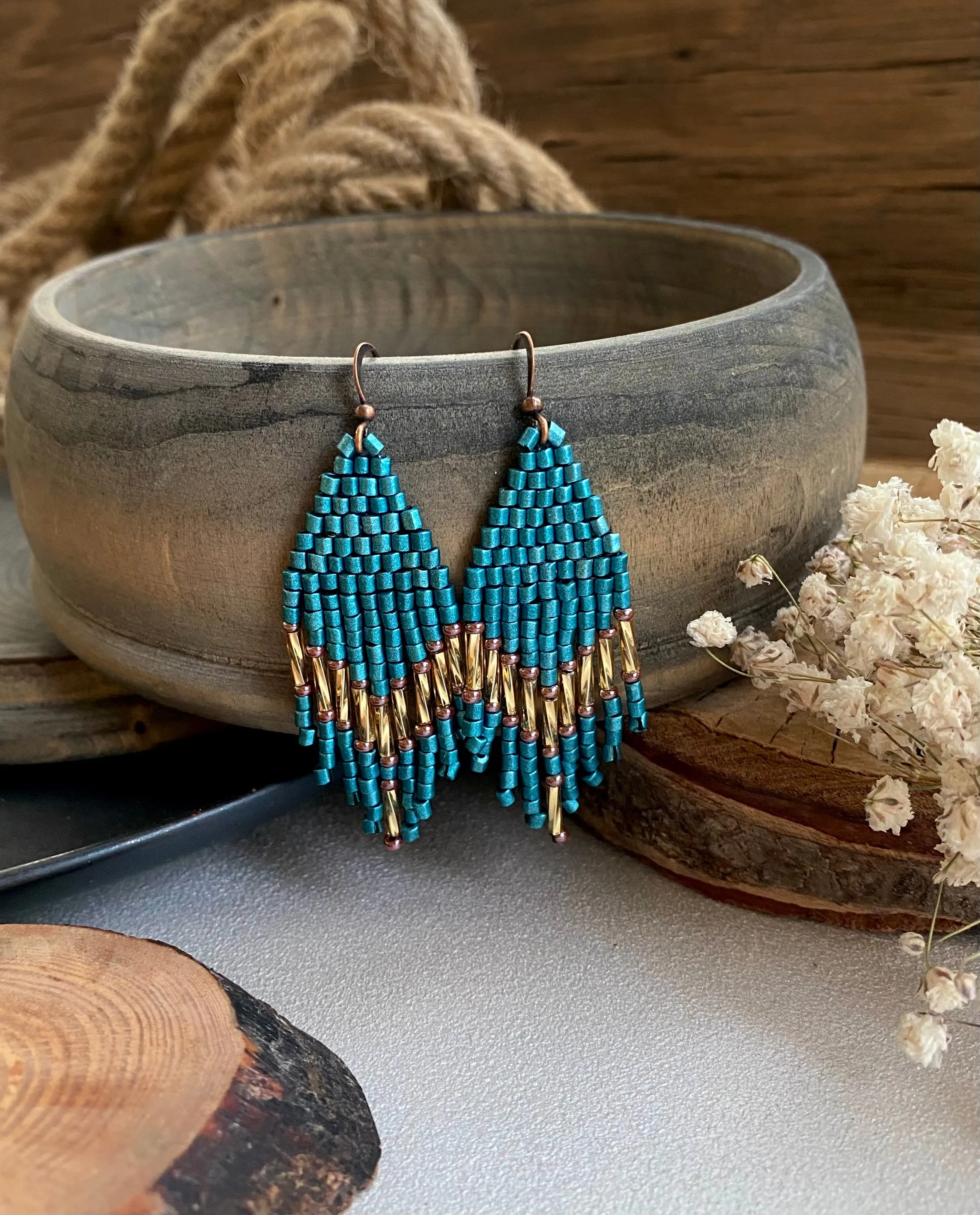 Small Fringe Seed Bead Earrings, Blue Gold Chandelier Earrings, Boho Hippie Earrings, Dainty Statement Earring