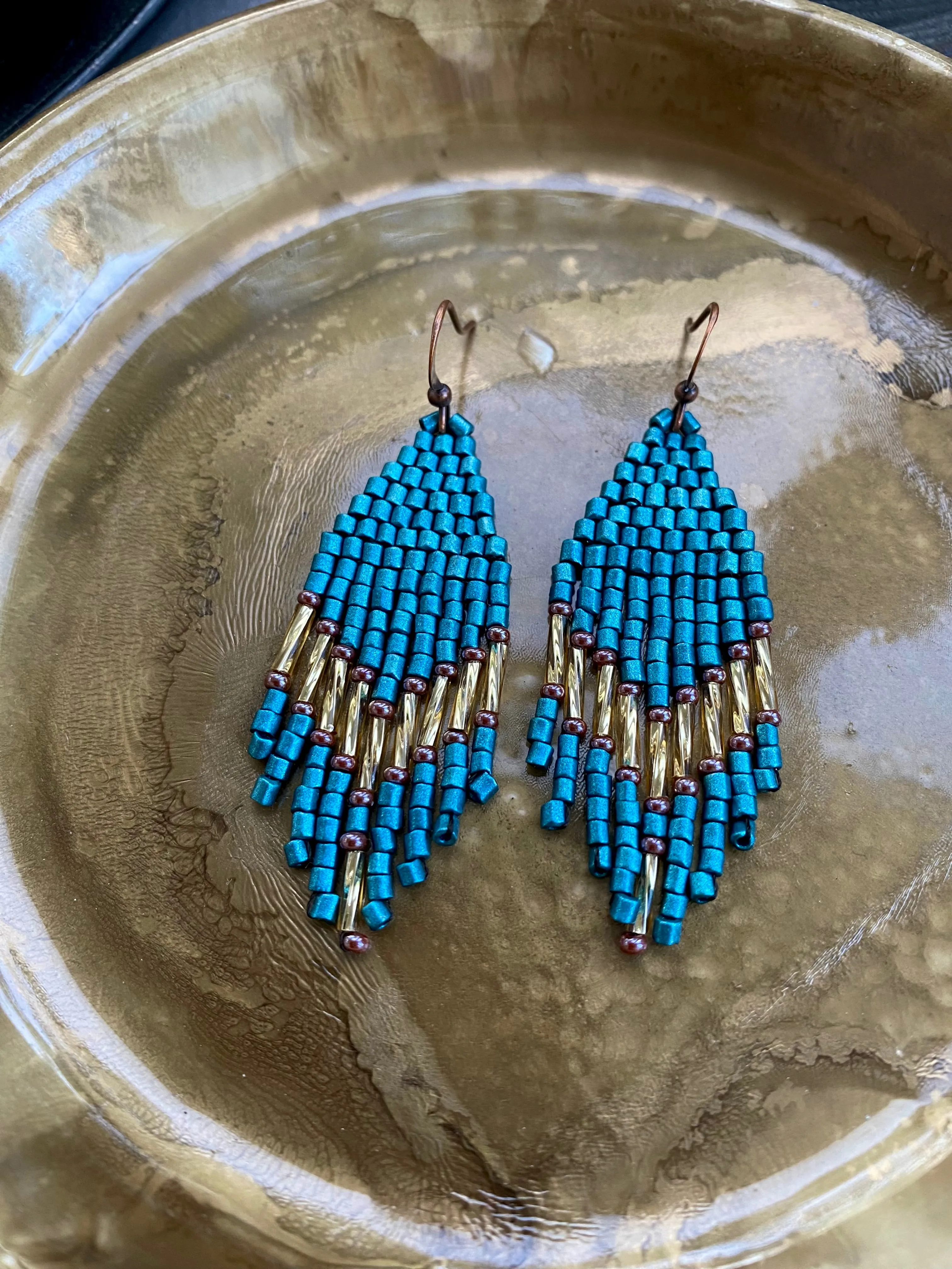 Small Fringe Seed Bead Earrings, Blue Gold Chandelier Earrings, Boho Hippie Earrings, Dainty Statement Earring