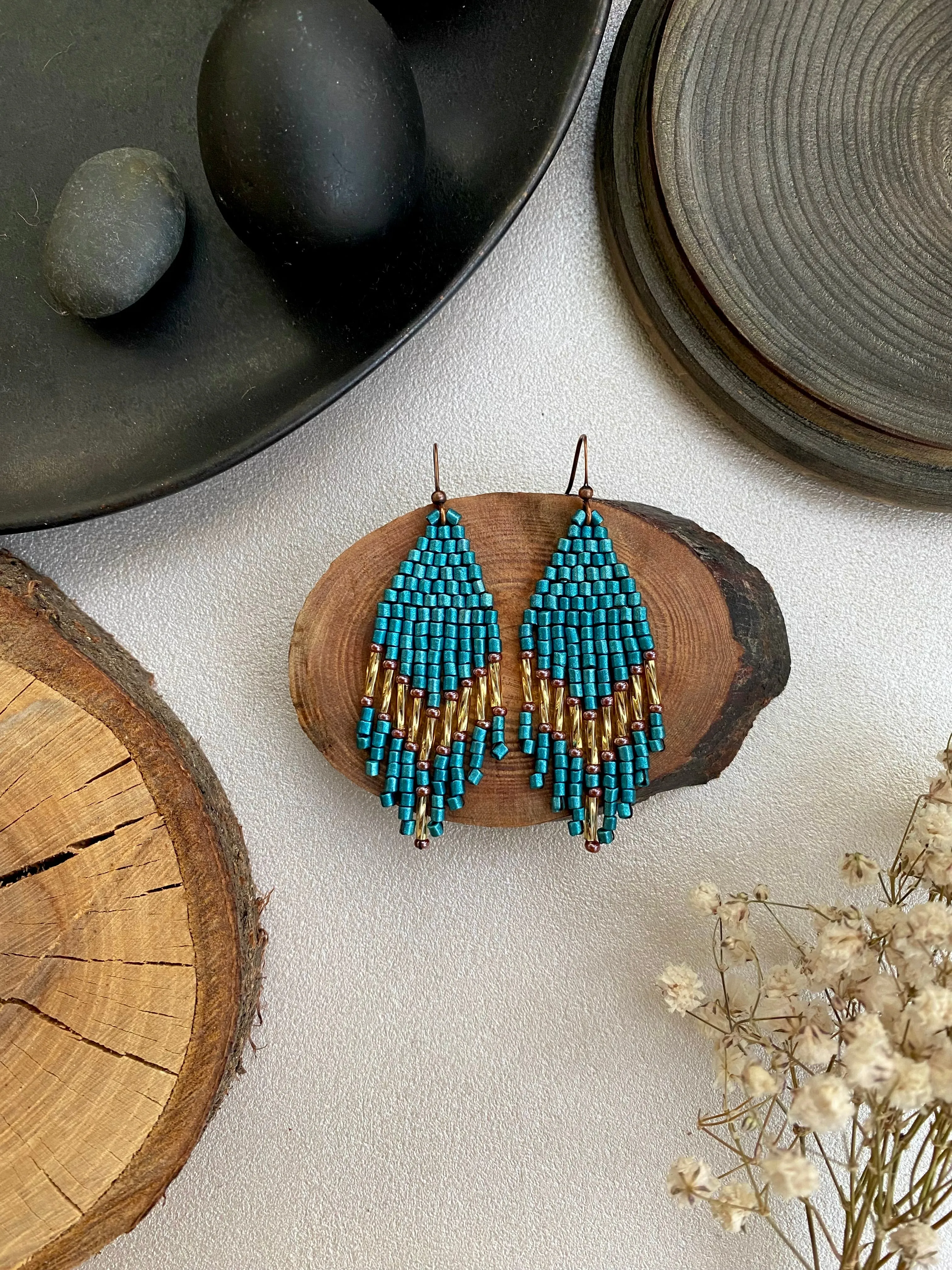 Small Fringe Seed Bead Earrings, Blue Gold Chandelier Earrings, Boho Hippie Earrings, Dainty Statement Earring