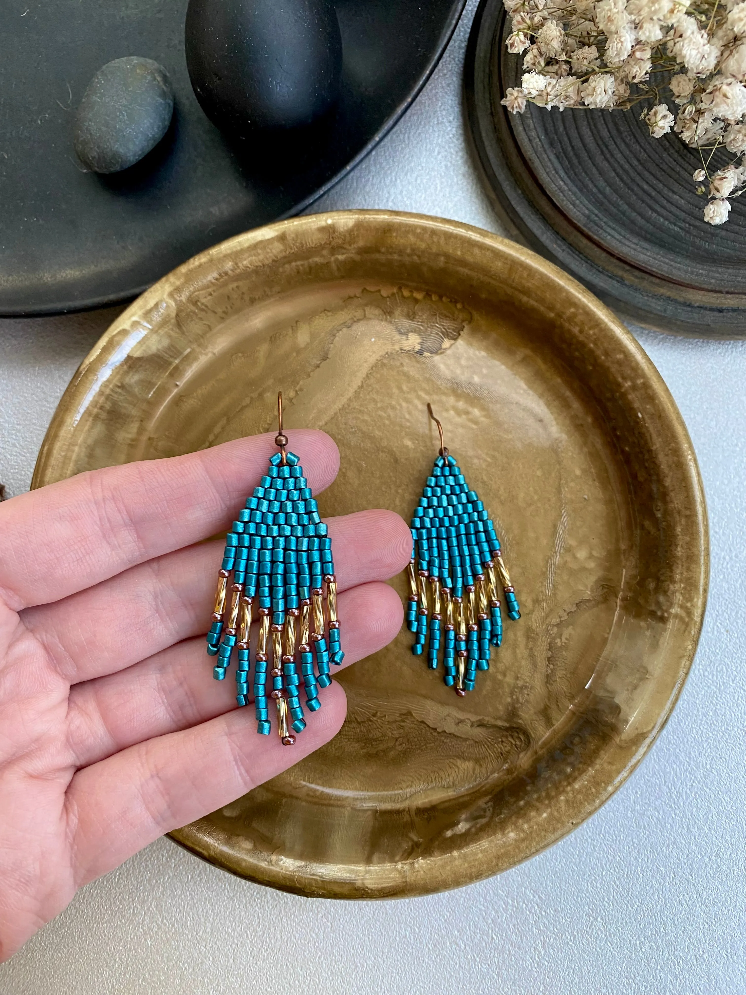 Small Fringe Seed Bead Earrings, Blue Gold Chandelier Earrings, Boho Hippie Earrings, Dainty Statement Earring