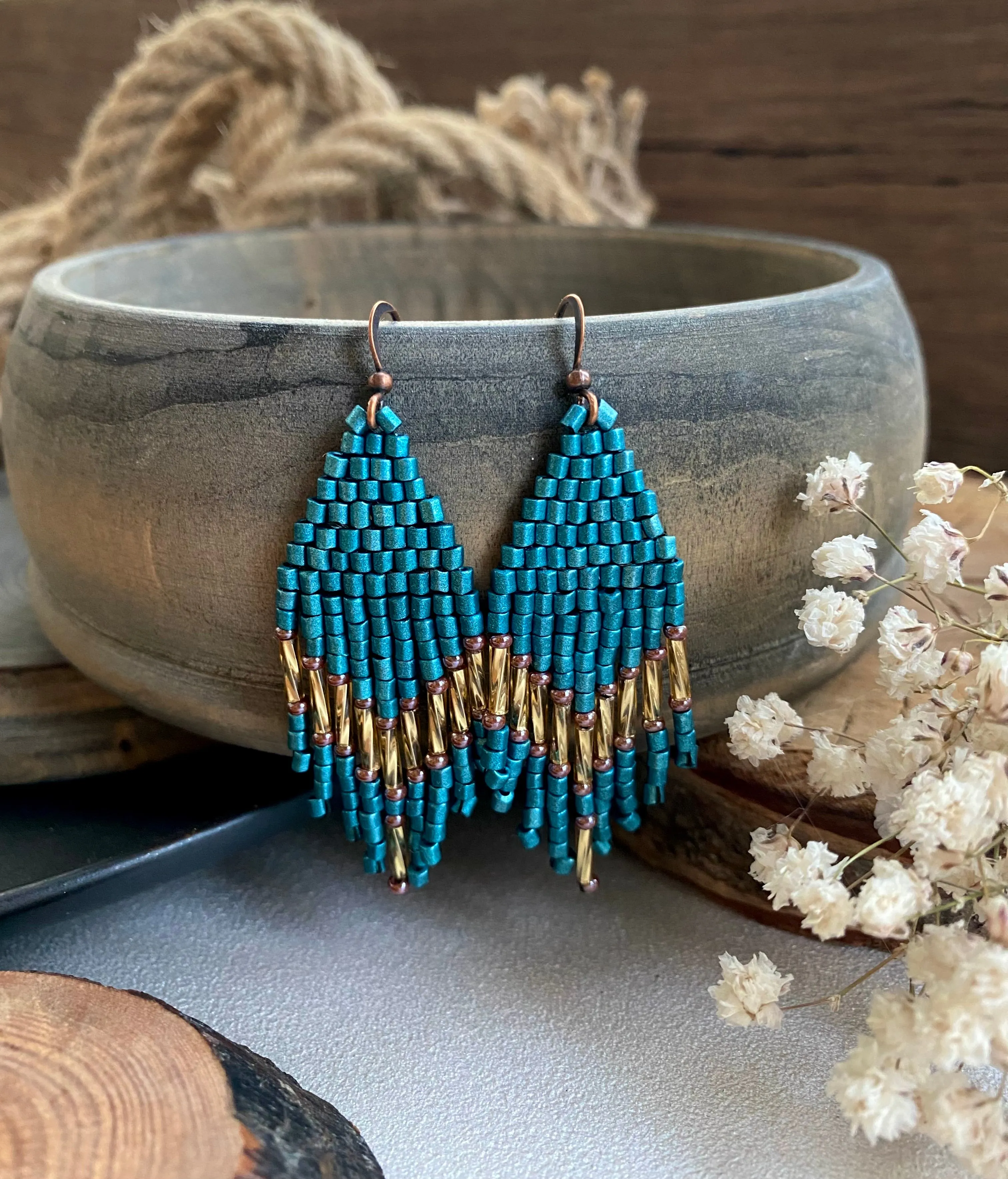 Small Fringe Seed Bead Earrings, Blue Gold Chandelier Earrings, Boho Hippie Earrings, Dainty Statement Earring