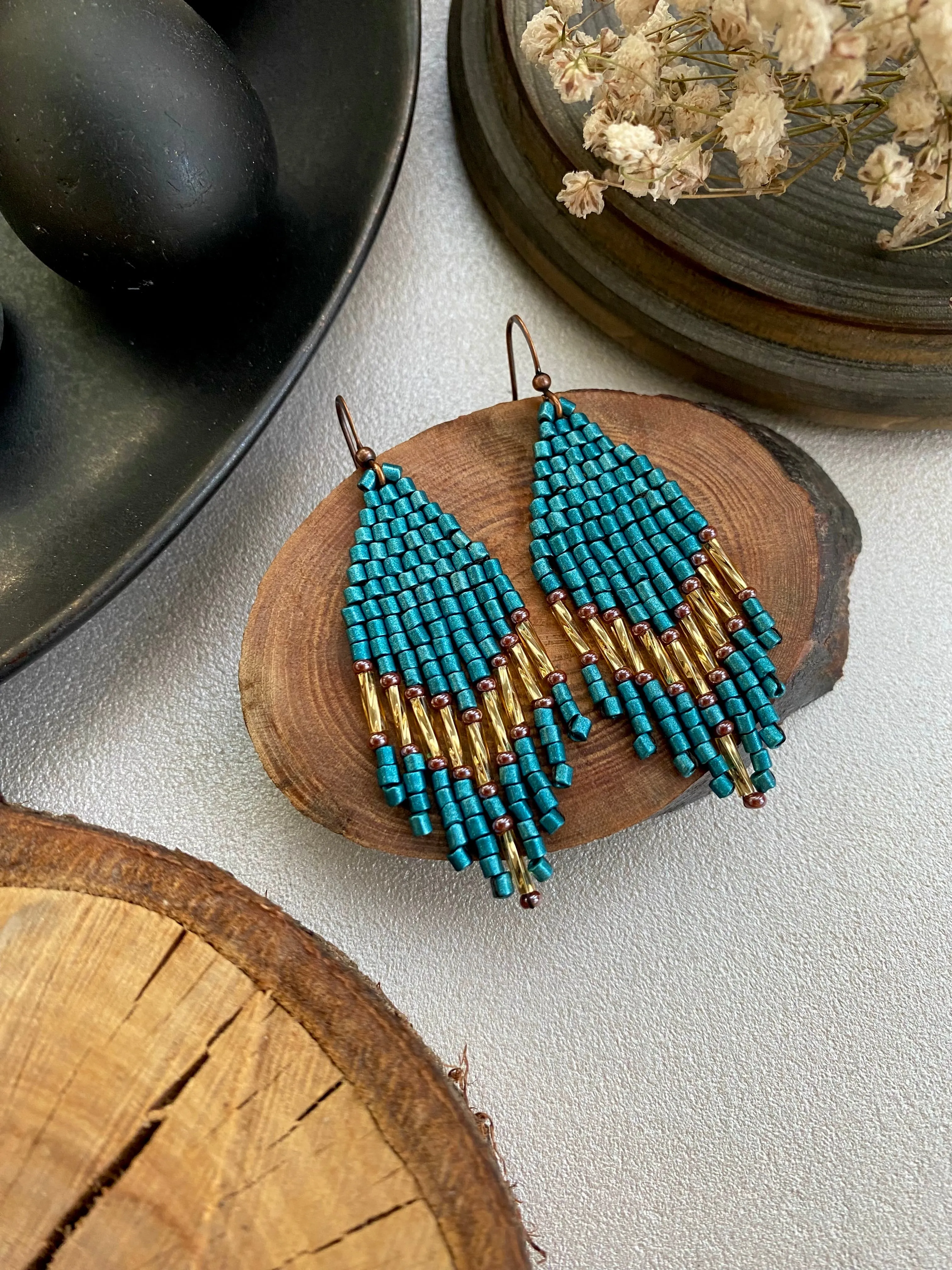 Small Fringe Seed Bead Earrings, Blue Gold Chandelier Earrings, Boho Hippie Earrings, Dainty Statement Earring