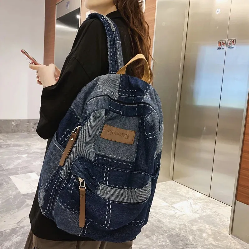 Sohiwoo Trendy Cool Patch Women Backpack Washed Denim College Backpack Men Female Laptop School Bags Large Capacity Travel Shoulder Bag