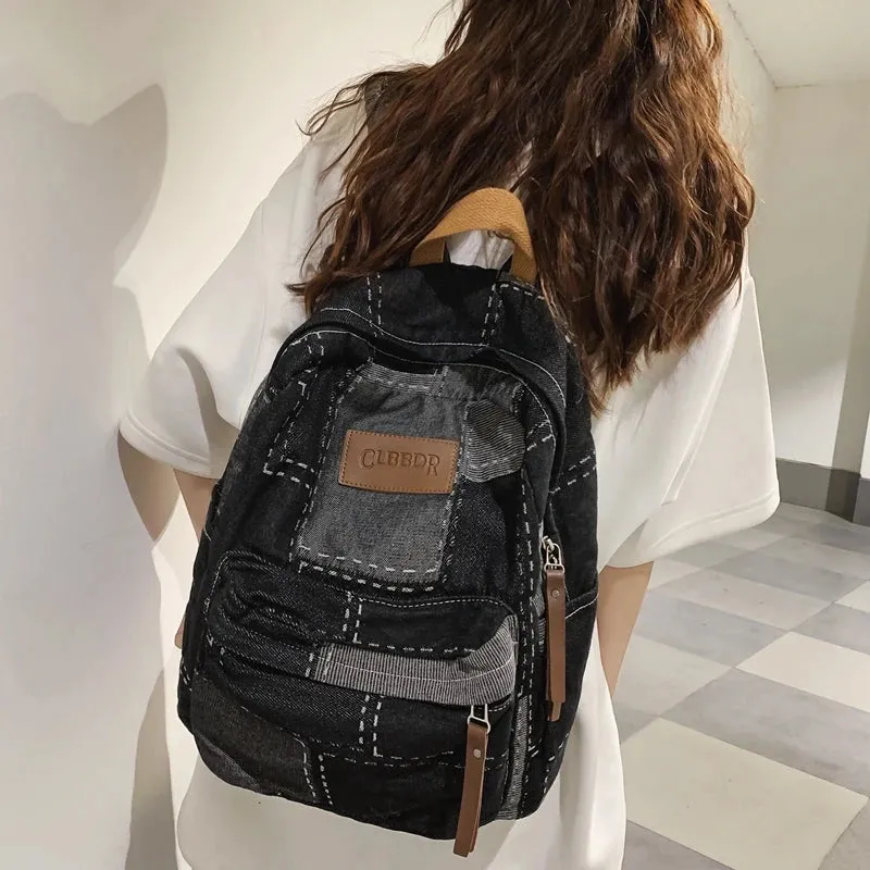 Sohiwoo Trendy Cool Patch Women Backpack Washed Denim College Backpack Men Female Laptop School Bags Large Capacity Travel Shoulder Bag