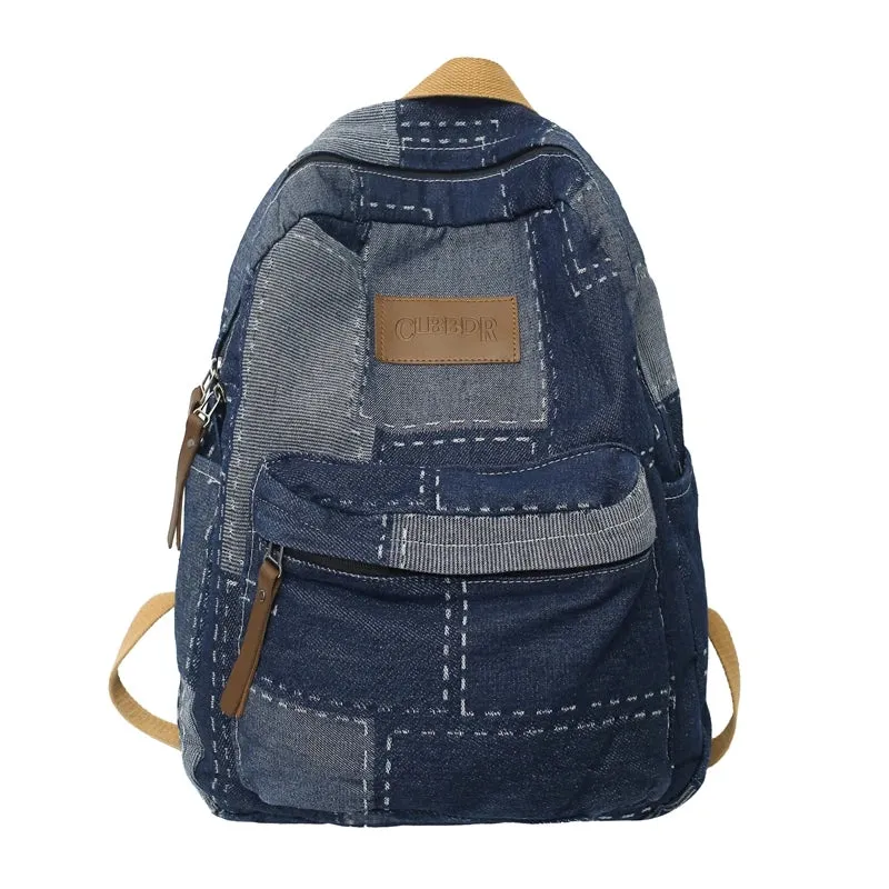 Sohiwoo Trendy Cool Patch Women Backpack Washed Denim College Backpack Men Female Laptop School Bags Large Capacity Travel Shoulder Bag