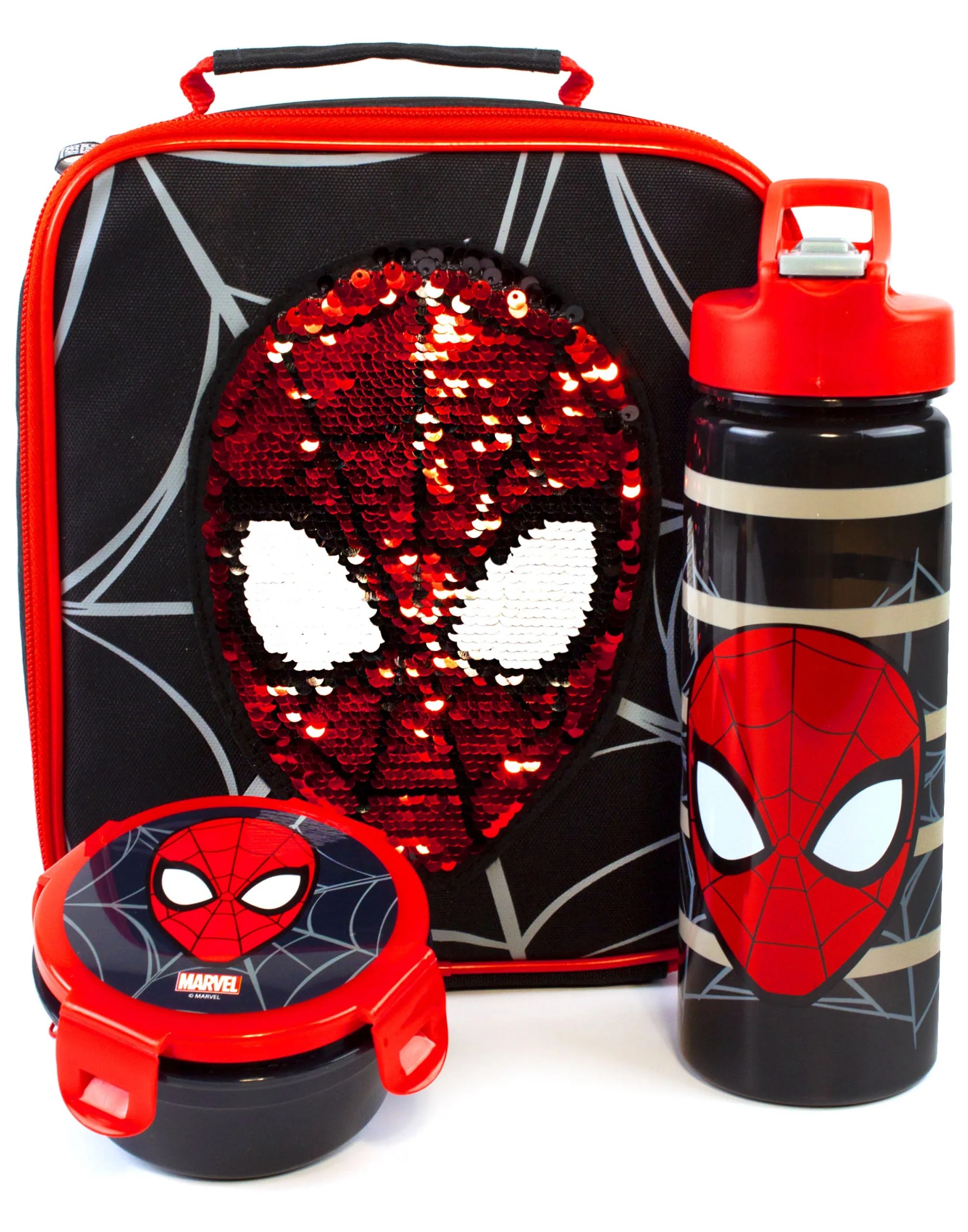 Spider-Man Sequin Face Childrens 3 Piece Lunch Bag, Bottle & Snackpot Set