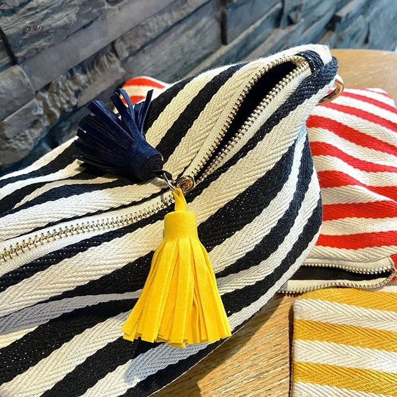 Striped Pattern Makeup Travel Pouches with Pompom Keychains