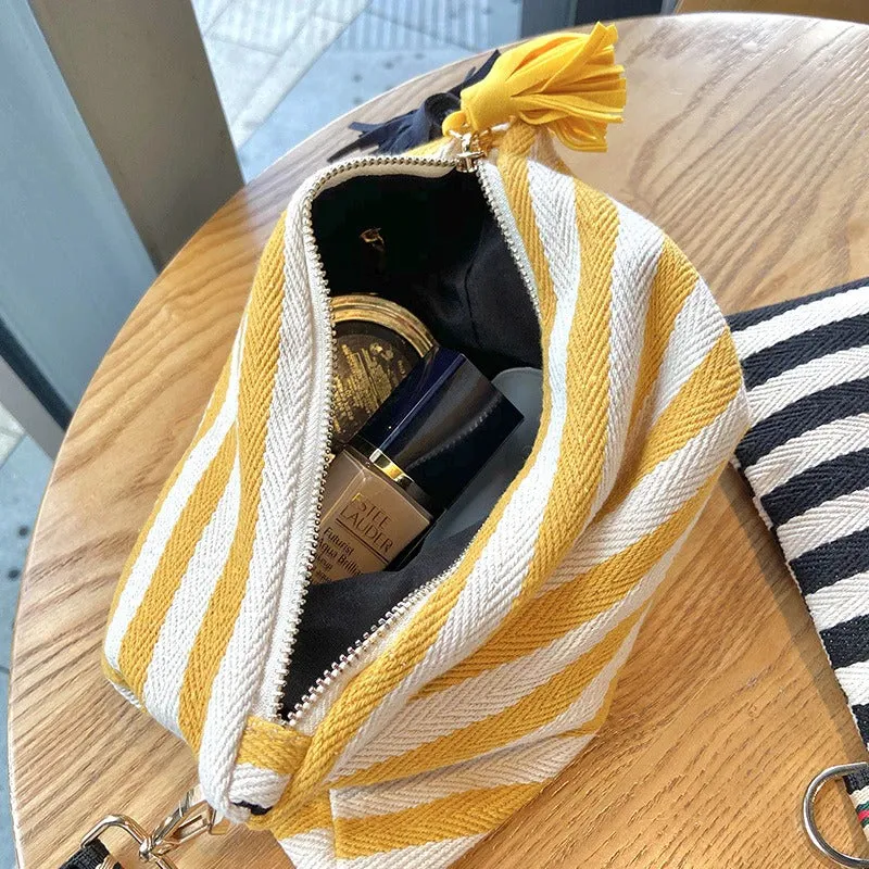 Striped Pattern Makeup Travel Pouches with Pompom Keychains