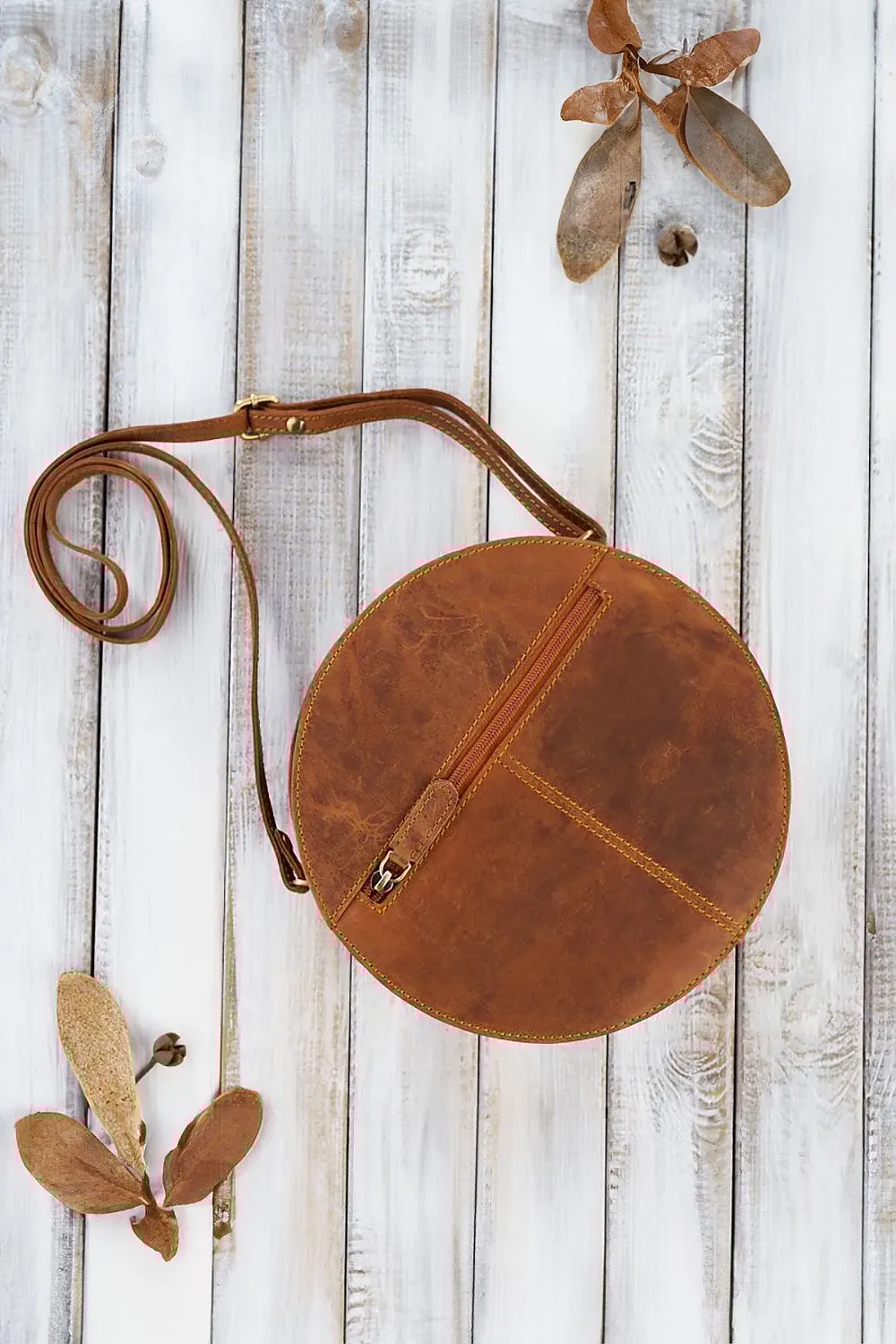 TEEK - Round Natural Leather Front Flap Bag