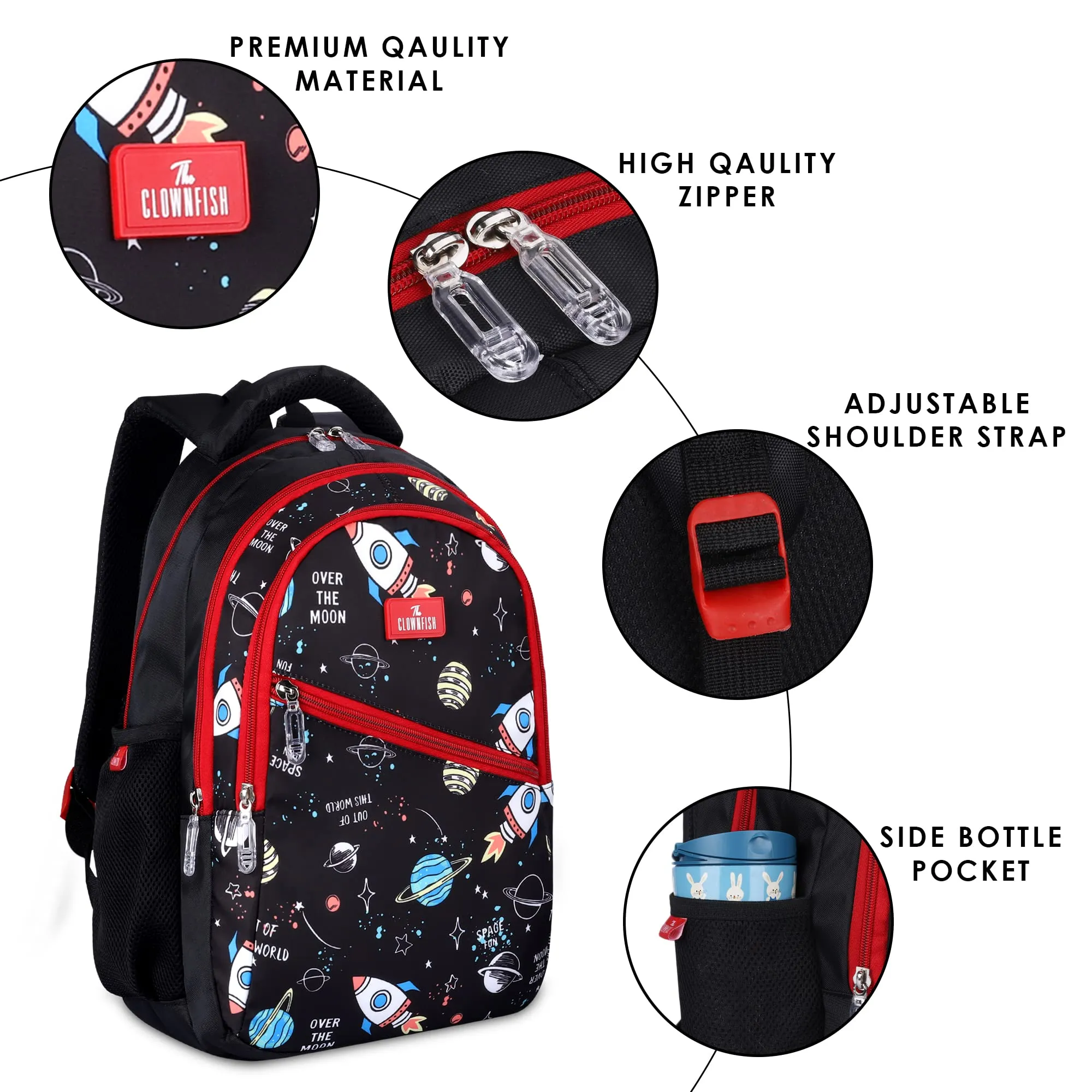 THE CLOWNFISH Brainbox Series Printed Polyester 30 L Standard Backpack With Pencil/Staionery Pouch School Bag Front Cross Zip Pocket Daypack Picnic Bag For Boys & Girls, Age 8-10 Years (Jet Black)