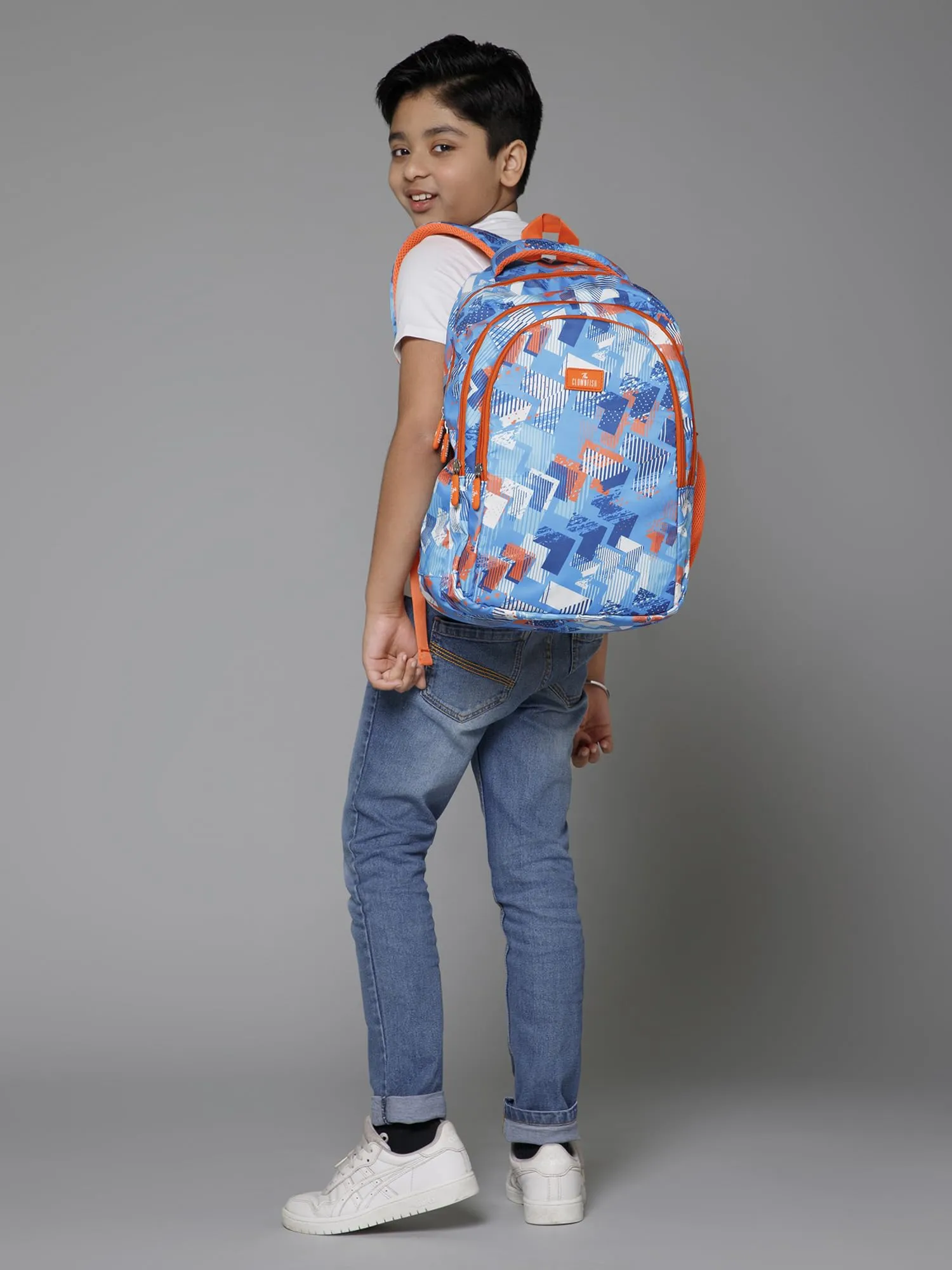 THE CLOWNFISH Scholastic Series Printed Polyester 30 L School Backpack with Pencil/Staionery Pouch School Bag Daypack Picnic Bag For School Going Boys & Girls Age 8-10 years (Blue - Orange)