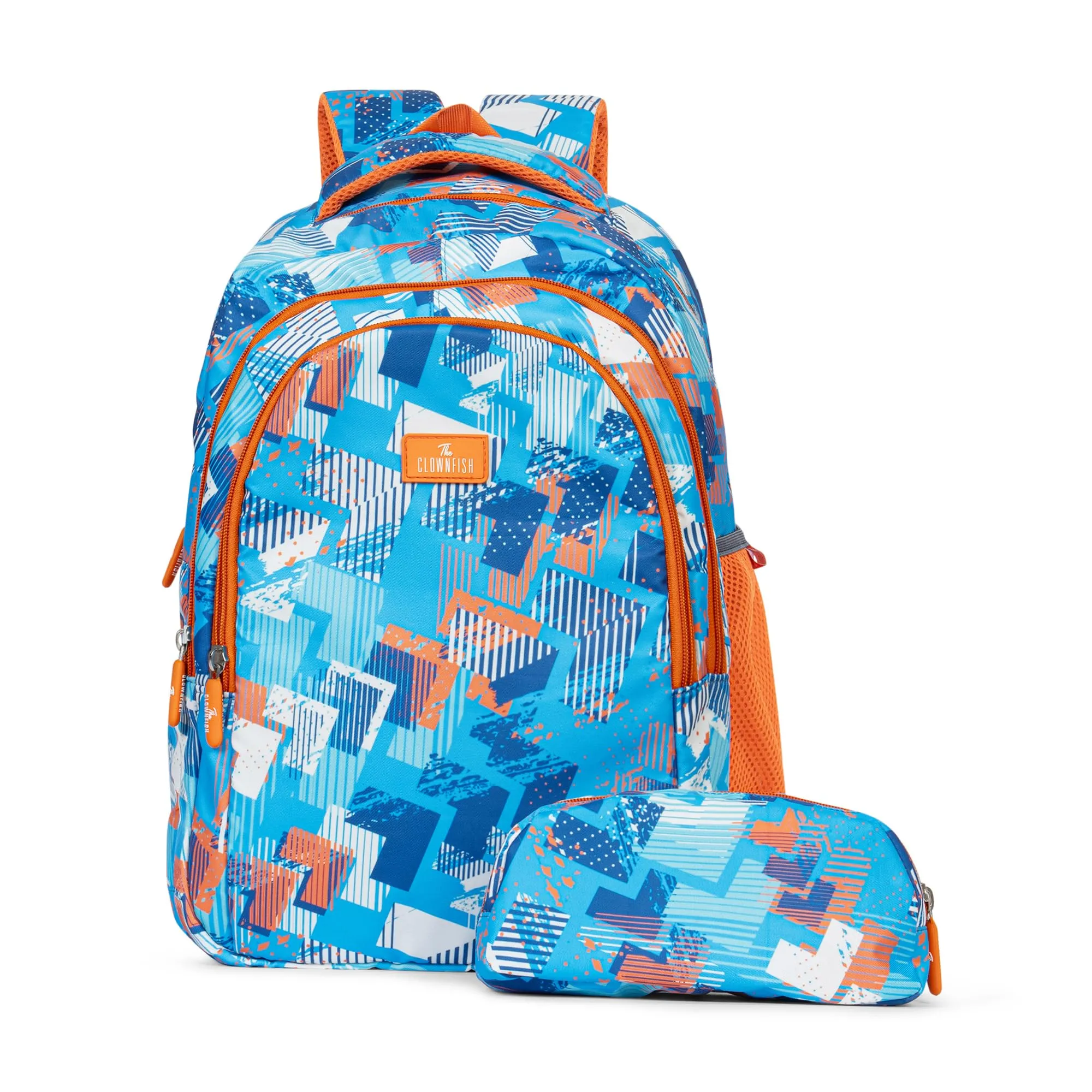 THE CLOWNFISH Scholastic Series Printed Polyester 30 L School Backpack with Pencil/Staionery Pouch School Bag Daypack Picnic Bag For School Going Boys & Girls Age 8-10 years (Blue - Orange)