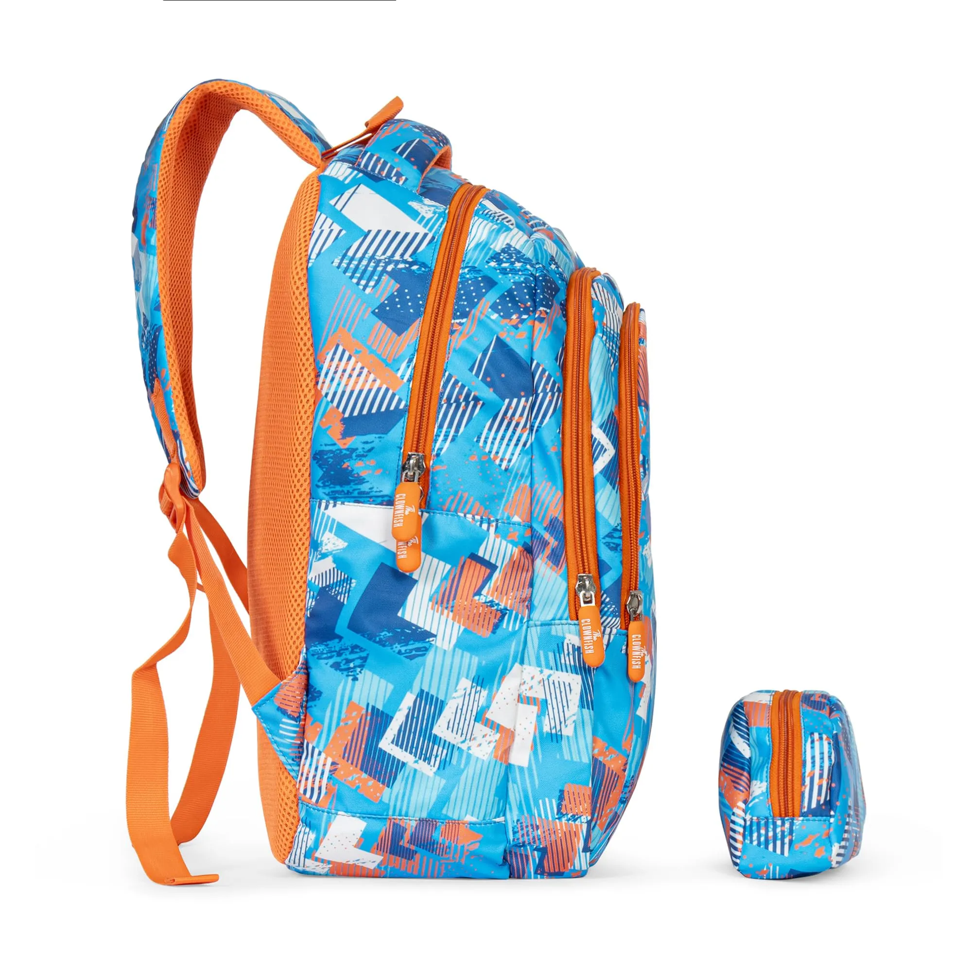 THE CLOWNFISH Scholastic Series Printed Polyester 30 L School Backpack with Pencil/Staionery Pouch School Bag Daypack Picnic Bag For School Going Boys & Girls Age 8-10 years (Blue - Orange)