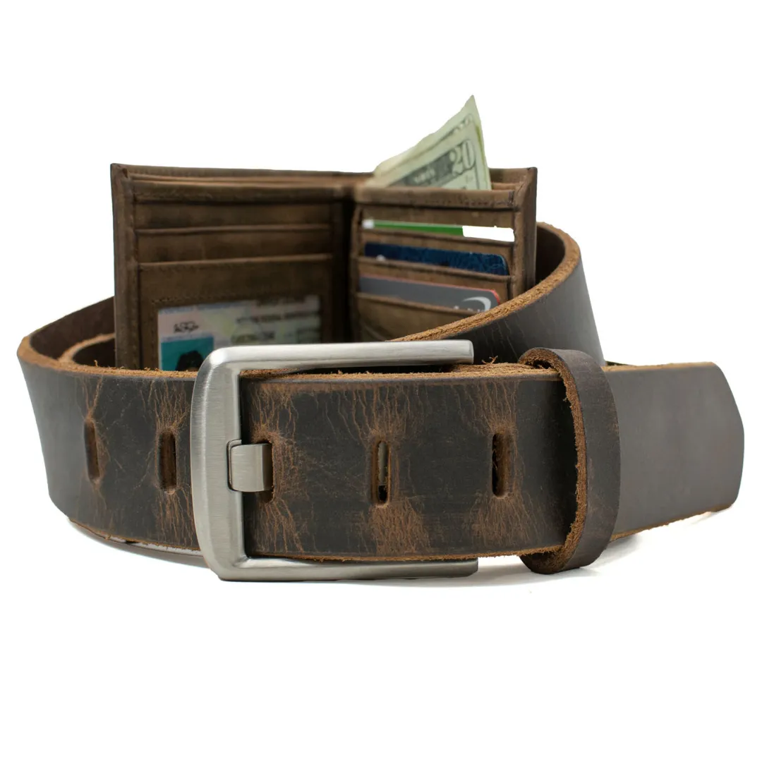 Titanium Wide Pin Distressed Leather Belt & Wallet Set by Nickel Smart®