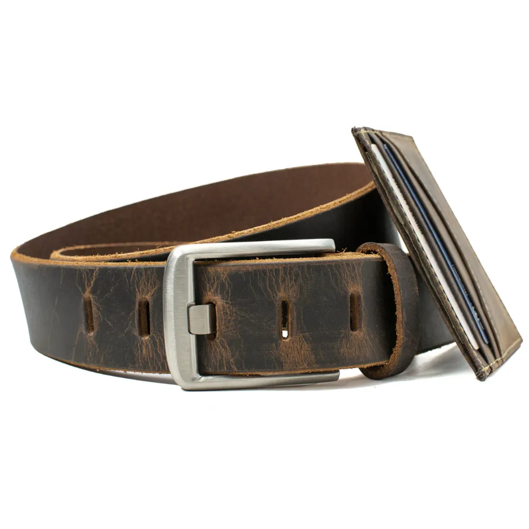 Titanium Wide Pin Distressed Leather Belt & Wallet Set by Nickel Smart®