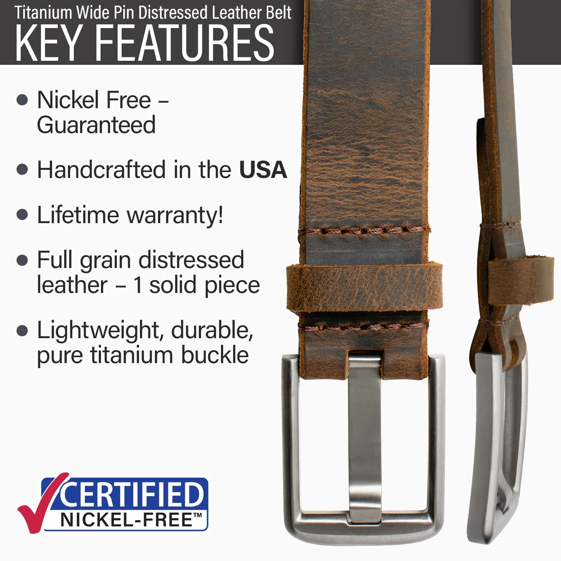 Titanium Wide Pin Distressed Leather Belt & Wallet Set by Nickel Smart®