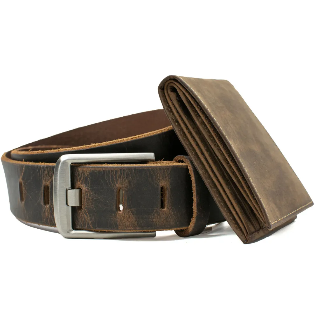 Titanium Wide Pin Distressed Leather Belt & Wallet Set by Nickel Smart®