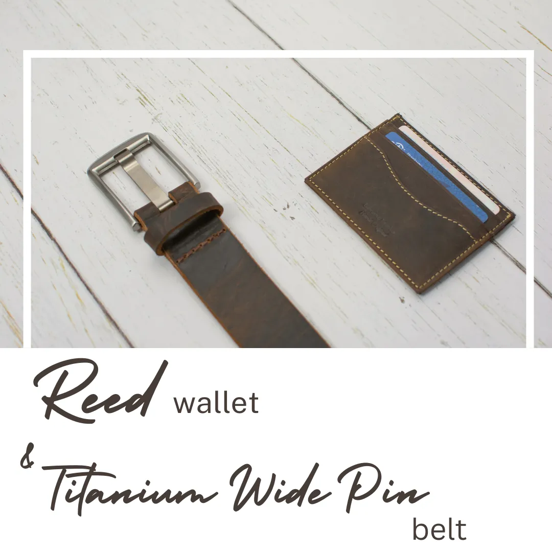 Titanium Wide Pin Distressed Leather Belt & Wallet Set by Nickel Smart®