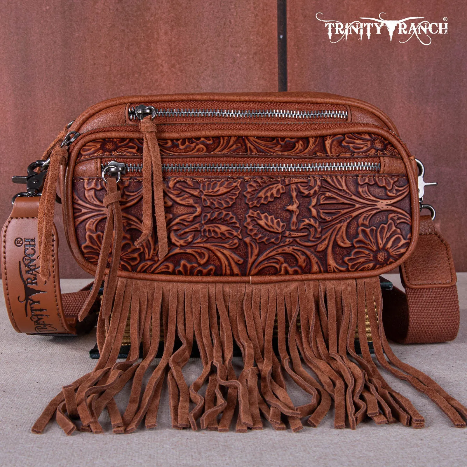 TR165-198  Trinity Ranch Floral Tooled Triple Zippered Pocket Fringe Belt Bag