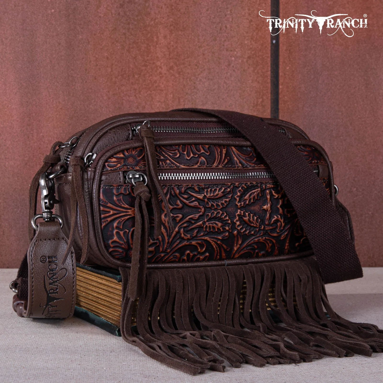 TR165-198  Trinity Ranch Floral Tooled Triple Zippered Pocket Fringe Belt Bag