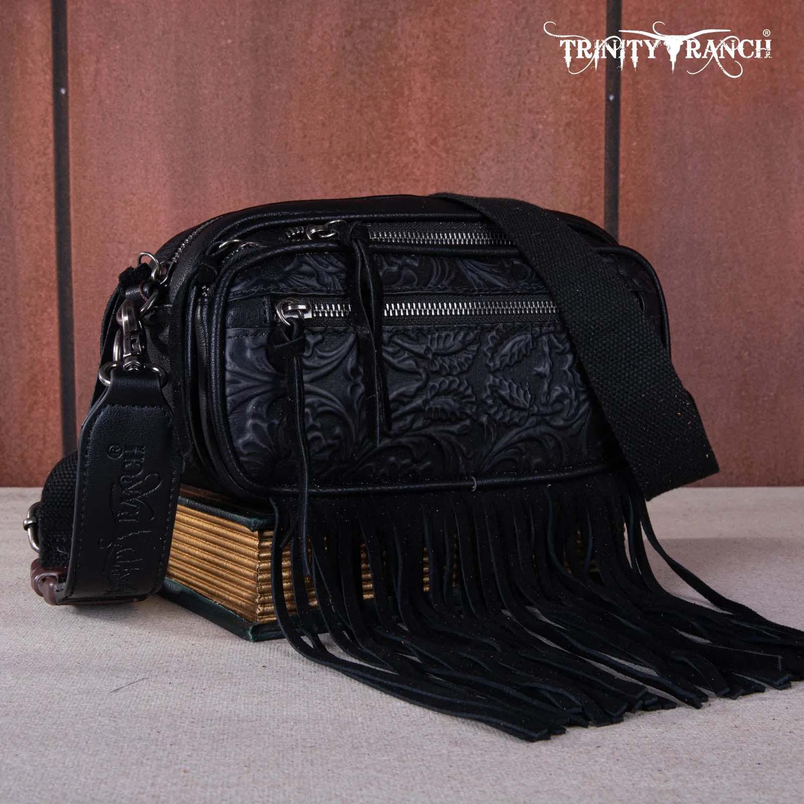 TR165-198  Trinity Ranch Floral Tooled Triple Zippered Pocket Fringe Belt Bag