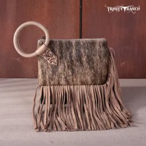 TR167-A181 Trinity Ranch Genuine Hair-On Cowhide Ring Handle Wristlet Clutch Bag - Tan