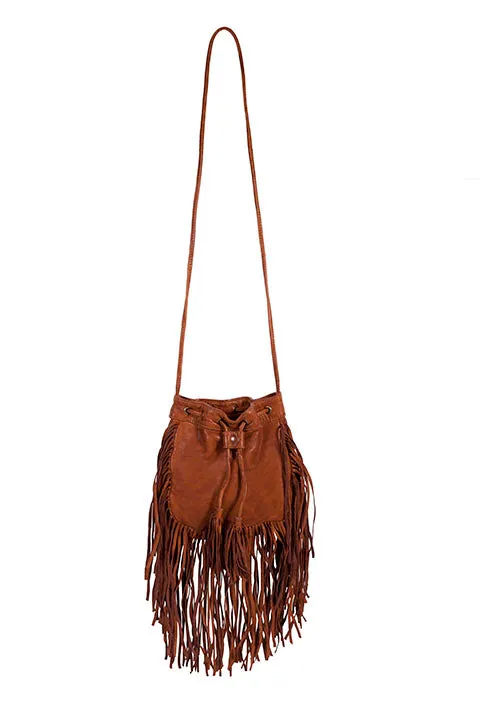 Western Shoulder Bag with Top Cinch Tie, Tassels, Fringe