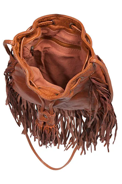 Western Shoulder Bag with Top Cinch Tie, Tassels, Fringe