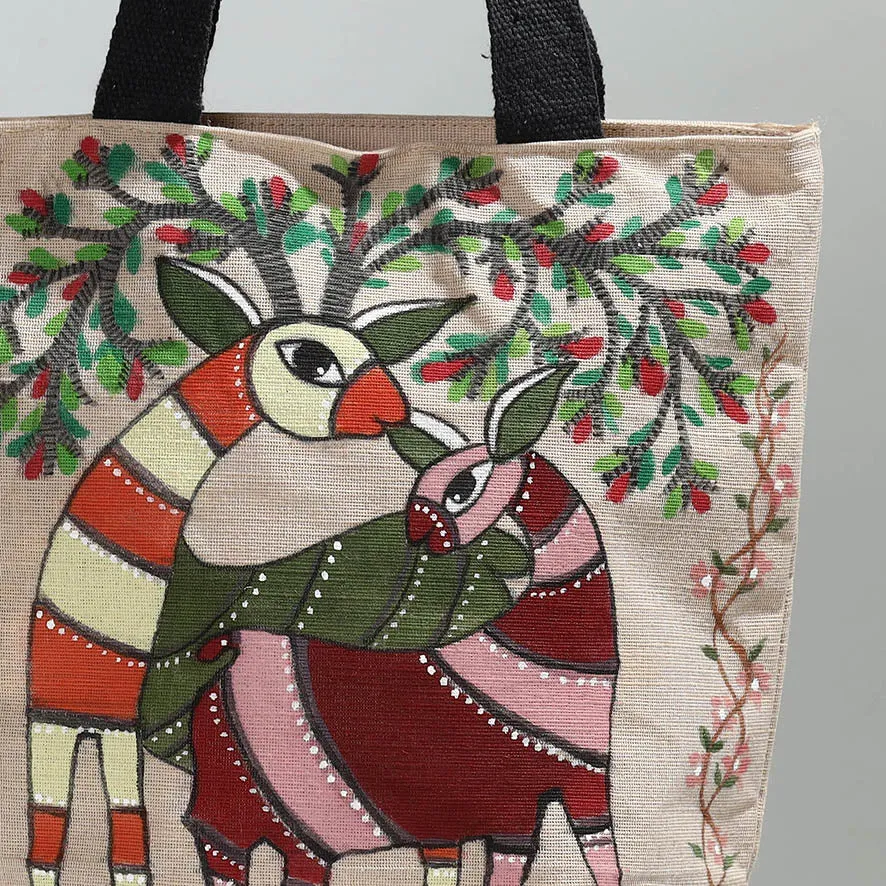 White - Deer - Handpainted Jute Cotton Shoulder Bag 05