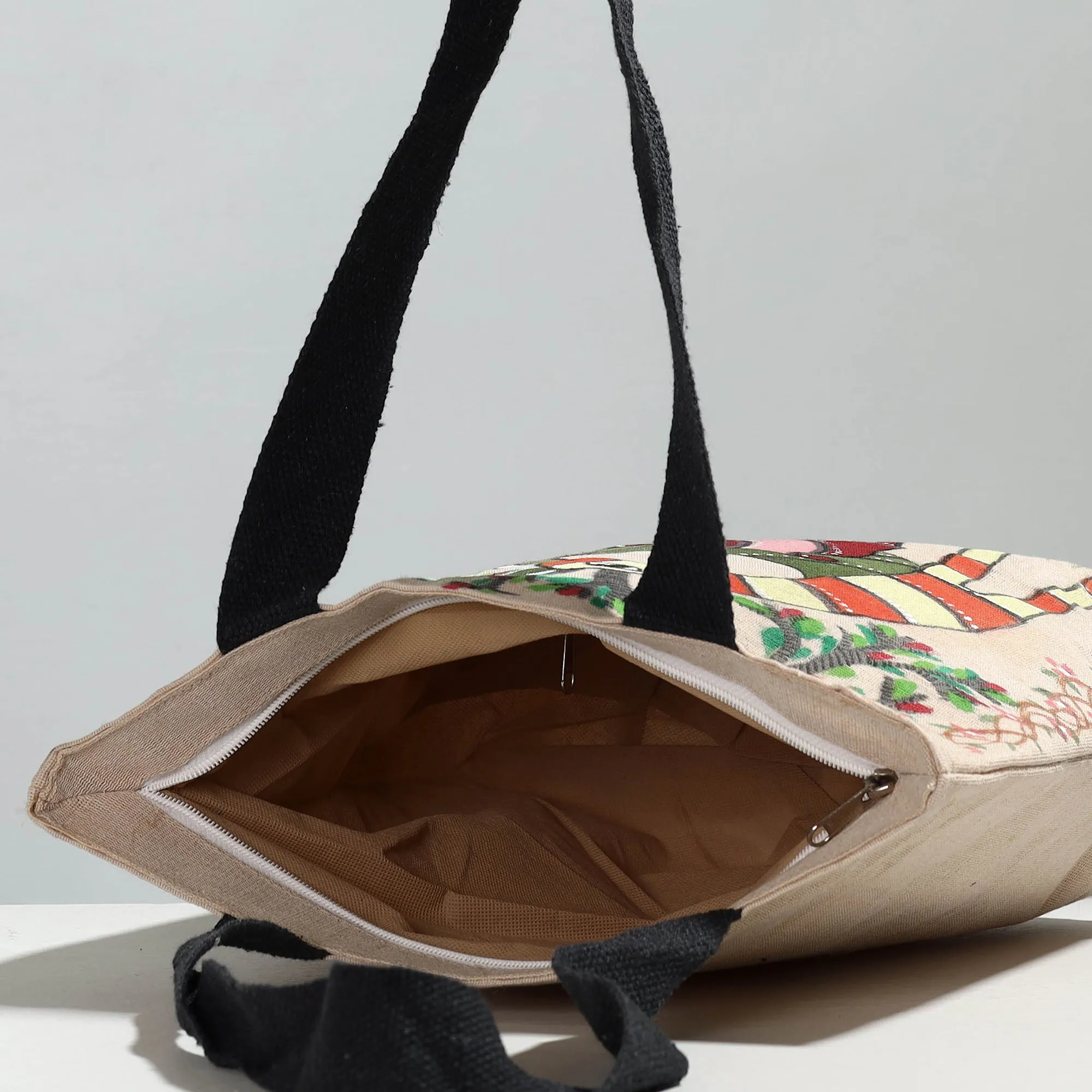 White - Deer - Handpainted Jute Cotton Shoulder Bag 05