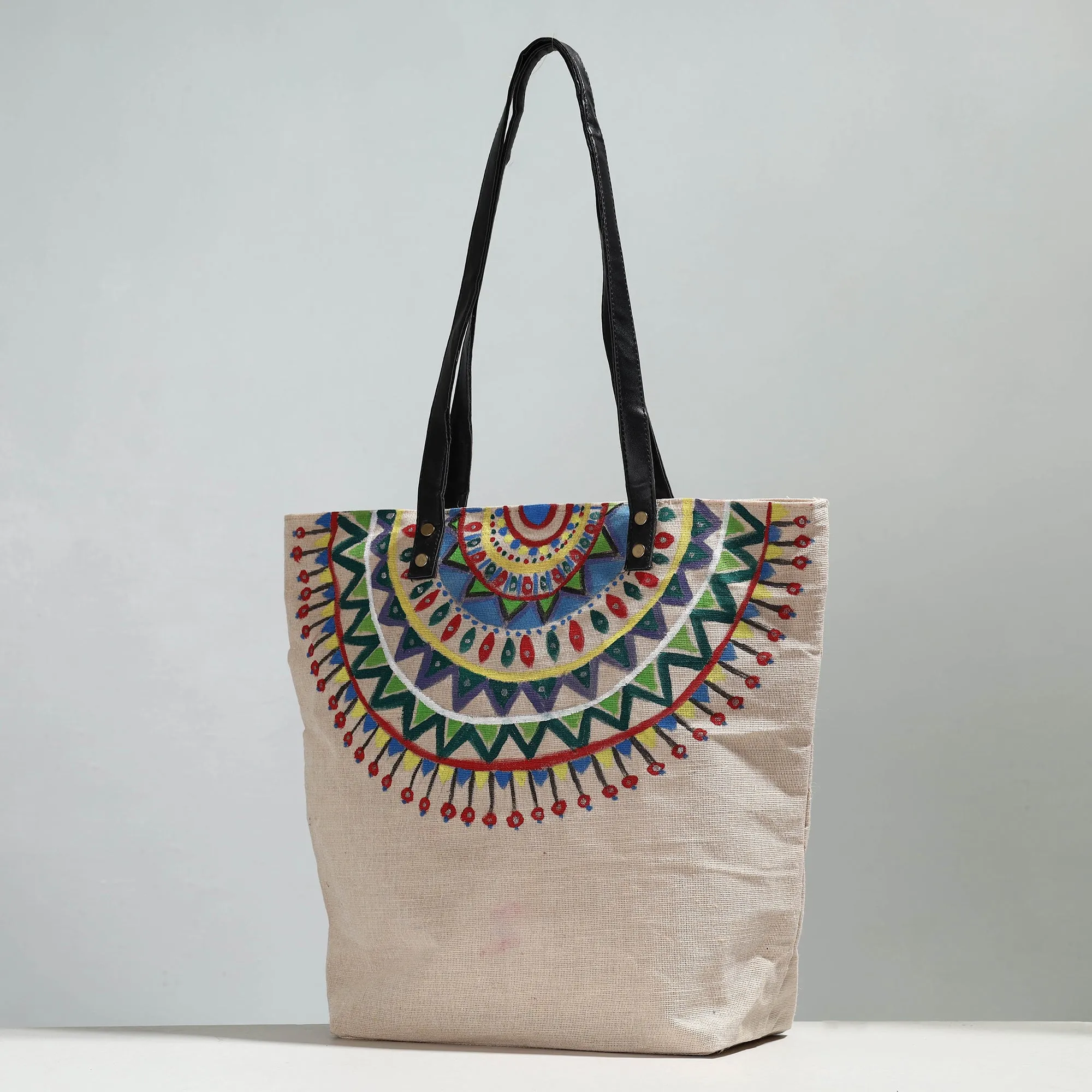 White - Mandala Art - Handpainted Jute Cotton Shoulder Bag 06