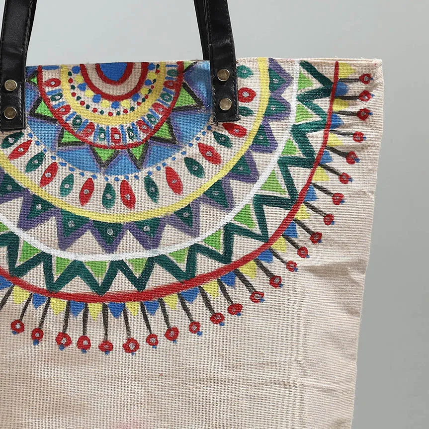 White - Mandala Art - Handpainted Jute Cotton Shoulder Bag 06