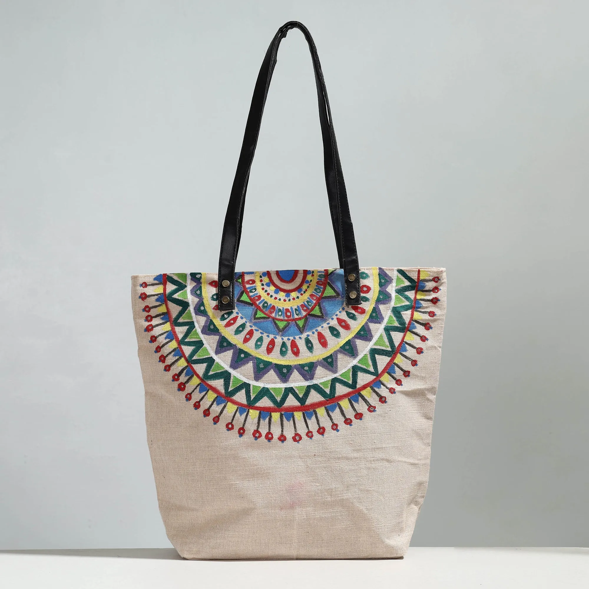 White - Mandala Art - Handpainted Jute Cotton Shoulder Bag 06