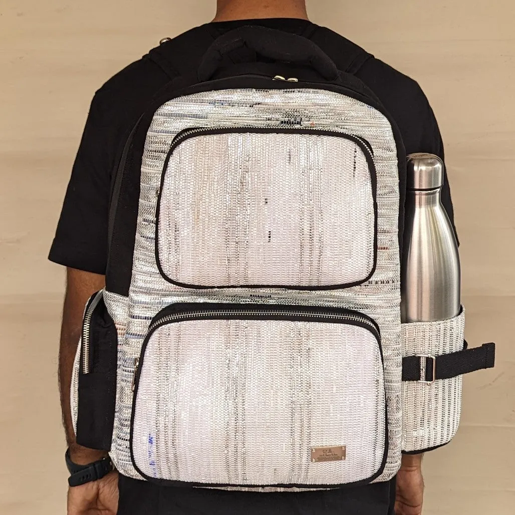 White Silver Shimmery Striped Upcycled Handwoven Commuter Backpack (CBP0824-003) PS_W