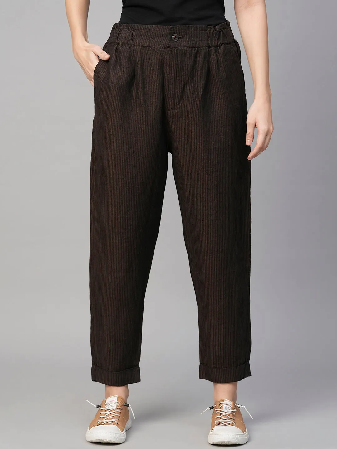 Women's Brown Linen Regular Fit Pant